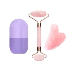 Getmecraft Rose Quartz Roller & Gua Sha Face Massager with Purple Ice Roller-image-41