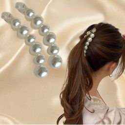 Majestique Stylish White Pearl Banana Hair Clips, French Barrettes - 2 Pcs-picture-2