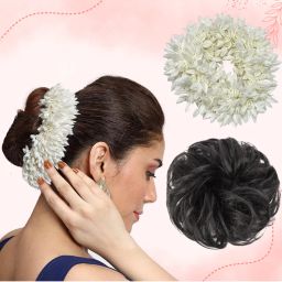 Majestique White Mogra Artificial Flower Gajra & Funky Messy Bun Scrunchies Combo-picture-21