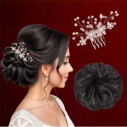 Majestique Pearl Flower Partywear Comb Hair Clip & Funky Messy Bun Scrunchies Combo-picture-20