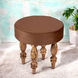 ikiriya Roswell Sheesham Wood Contemporary Round Stool in Taupe Brown Velvet Upholstery-picture-42