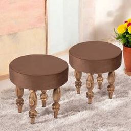 ikiriya Roswell Sheesham Wood Contemporary Round Set of 2 Stools in Taupe Brown Velvet Upholstery-picture-11