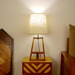 symplify Angular Wooden Table Lamp with Brown Base and Premium White Fabric Lampshade-picture-23