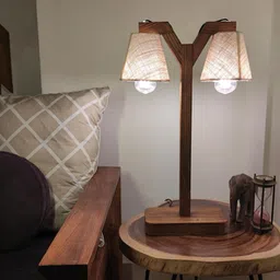 symplify Elania Wooden Table Lamp with Brown Base and Premium White Fabric Lampshade-picture-34
