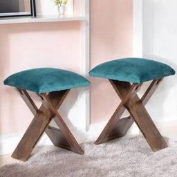 ikiriya Dayton Sheesham Wood Accent Square Set of 2 Foldable Stools in Turquoise Sea Velvet Upholstery-picture-22