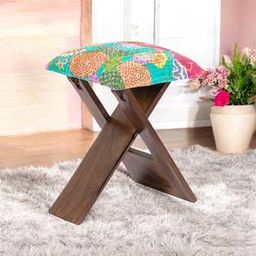 ikiriya Dayton Sheesham Wood Mid Century Square Foldable Stool in Sea Green Fruit Print Kantha Upholstery-picture-21