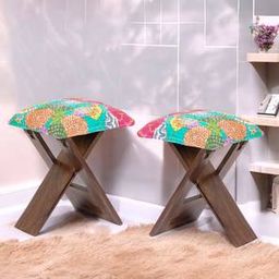 ikiriya Dayton Sheesham Wood Mid Century Square Set of 2 Foldable Stools in Sea Green Fruit Print Kantha Upholstery-picture-43