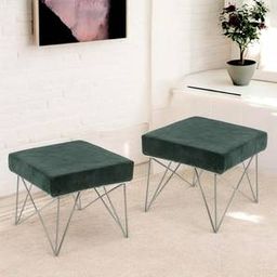 ikiriya Asansol Sheesham Wood Accent Square Set of 2 Stools with Metal Legs in Green Cotton Velvet Upholstery-picture-23