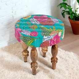 ikiriya Roswell Sheesham Wood Mid Century Round Stool in Sea Green Fruit Print Kantha Upholstery-picture-18