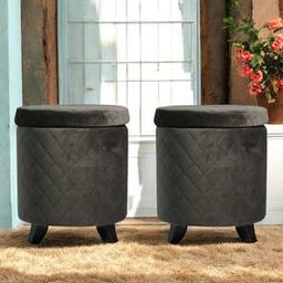 ikiriya Orlando Solid Wood Accent Round Set of 2 Ottomans in Iron Grey Velvet Upholstery with Storage-picture-2