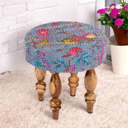ikiriya Roswell Sheesham Wood Mid Century Round Stool in Grey Brid Print Kantha Upholstery-picture-15