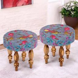 ikiriya Roswell Sheesham Wood Mid Century Round Set of 2 Stools in Grey Brid Print Kantha Upholstery-picture-14