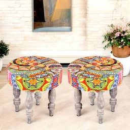 ikiriya Roswell Sheesham Wood Bohemian Round Set of 2 Stools in Israel Print Patchwork Kantha Upholstery-picture-29