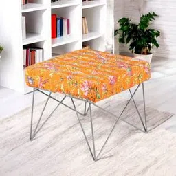 ikiriya Asansol Sheesham Wood Mid Century Square Stool with Metal Legs in Bird Print Orange Kantha Upholstery-picture-18