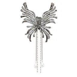 Matra Embellished Butterfly Wings Silver Hair Claw Clip Rhinestone Tassel Pearl Studded Clutcher-picture-44