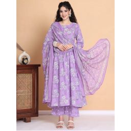 Secret Wish Lilac Floral Cotton Maternity Kurta with Pant and Dupatta (Set of 3)-picture-8