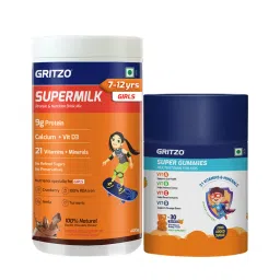 Gritzo Supermilk Girl Height+ 7-12Y 9G Protein (Double Chocolate 1kg) & Super Gummies (Orange)-picture-20
