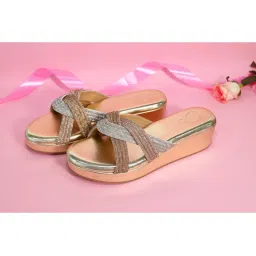 Sana K Luxurious Footwear Women Gold Round Toe Faux Trio Wedges Heels-picture-42