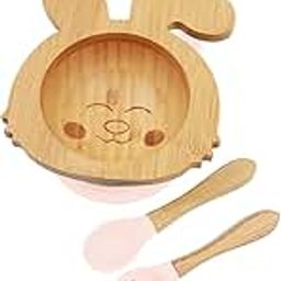 Kids Station 4 Piece Wooden Feeding Set for Babies - Rabbit Bowl, Suction Ring, Spoon and Fork - Cartoon Dinner Set - Eco Friendly - Crockery Set Dining Set - Feeding Set for Babies (Pink)-picture-18