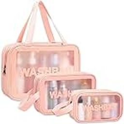 ARCKMIND Travel Bag Makeup Pouch Transparent Cosmetics Kit Organizer Pouches for Women and Girls - Waterproof Clear Toiletry Bags for Storage and Travelling - Pink Set of 3-image-16