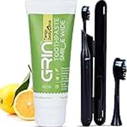 GRIN Natural Oral Care Toothpaste Teeth Whitening SLS Free Toothpaste for Adult and Kids with Electric Toothbrush for Adults with 2 Brush Heads & Carry Case | 3 Cleaning Modes, Sonic Technology (100 Gram, Tangy Zesty+ Black Toothbrush)-image-92