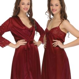 Clovia 2 Pcs Set Of Nightslip And Robe - Maroon-picture-1