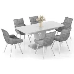 urban ladder Caribu 6 To 8 Extendable White Marble Color High Gloss Dining Table With Set Of 6 Megan Dining Chair-picture-42