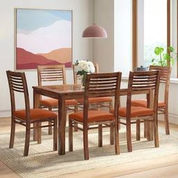urban ladder Floyd 6 Seater Dining Table, Glass Top, Finish - Teak With set of 6 Zella Dining Chairs-picture-43