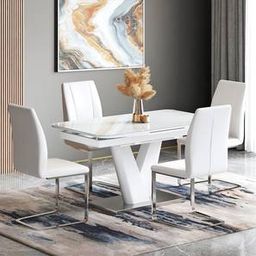 urban ladder Caribu 4 To 6 Extendable Dining Table, Finish - White Marble Color High Gloss With Set Of 4 Seneca Dining Chair White-picture-17