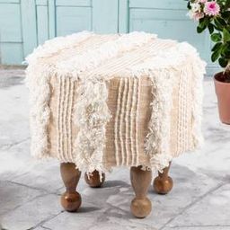 ikiriya Louisville Acacia Wood Mid Century Round Pouf Stool in Beige Fabric-picture-4