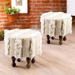 ikiriya Louisville Acacia Wood Mid Century Round Set of 2 Pouf Stools in Beige Fabric-picture-6