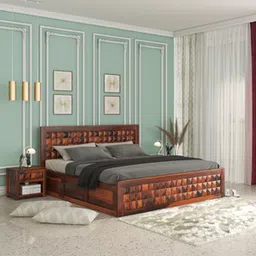 woodenmood Diamond Solid Wood King Size Box Storage Bed in Honey Oak Finish-picture-31