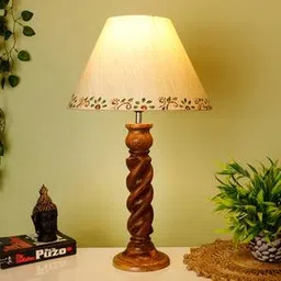 disoo fashions Landis Beige Cotton Shade Table Lamp with Solid Wood Base-picture-18