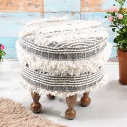 ikiriya Louisville Acacia Wood Mid Century Round Pouf Stool in Grey Fabric-picture-14