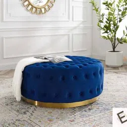 Tuffted Button Round Ottoman in Royal Navy Blue Velvet with Golden Base-image-80