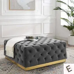 Tuffted Button Square Ottoman in Midnight Grey Velvet with Golden Base-image-35