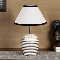 devansh White & Black cotton with White Brushed Wood Table Lamp-picture-46