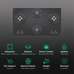 Elica FLEXI DFS FB MFC 4B 91 DX Toughened Glass Top 4 Burner Automatic Hob (Multi Flame Control, Black) image 3