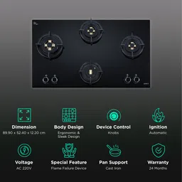 Elica DFS FB MFC 4B 91 FFD 4 Burner Automatic Hob (Multi Flame Control, Black) image 3