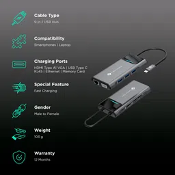 Novoo 9-in-1 USB 3.0 Type C to USB Type C, HDMI Type A, SD Card Slot, TF Card Reader, USB 3.0 Type A, VGA Port, RJ45 USB Hub (Dual Screen Display, Grey) image 2
