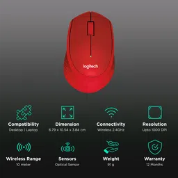 logitech M331 Plus Wireless Optical Mouse with Silent Click Buttons (1000 DPI, Plug & Play, Red) image 2