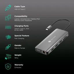 NOVOO 11-in-1 USB 3.0 Type C to USB 3.0 Type A, USB 2.0 Type A, USB Type C, VGA Port, LAN Port, HDMI, SD Card Slot, MicroSD Card Slot USB Hub (Multiple Display Modes, Grey) image 2