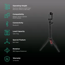 Croma 93cm Adjustable Bluetooth Selfie Stick with Tripod for Mobile and Camera (2 in 1, Black) image 2