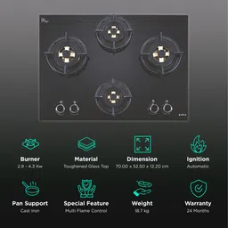 Elica FLEXI DFS FB MFC 4B 70 DX Toughened Glass Top 4 Burner Automatic Hob (Multi Flame Control, Black) image 3