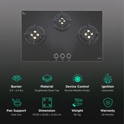 Elica FLEXI DFS FB MFC 3B 70 DX Toughened Glass Top 3 Burner Automatic Hob (Multi Flame Control, Black) image 3