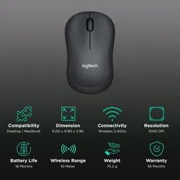 logitech M220 Wireless Optical Mouse with Silent Click Buttons (1000 DPI, Ambidextrous Design, Charcoal Black) image 2