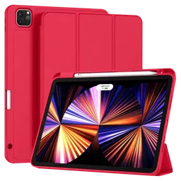 Vaku Stallion Trifold Polyurethane Leather, Silicone Flip Cover for Apple iPad Pro 11 Inch, iPad Air (4th Gen) (Wireless Charging Support, Red)-27