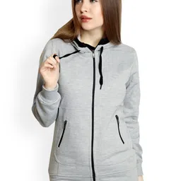 Belle Fille Women Grey Melange Solid Hooded Sweatshirt-image-7