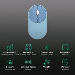 Croma Wireless Optical Mouse with Power Saving Feature (1600 DPI Adjustable, Ambidextrous Design, Blue) image 2