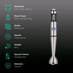 KENT 400 Watt 3 Speed Hand Blender (Low Noise Operation, Silver) image 2